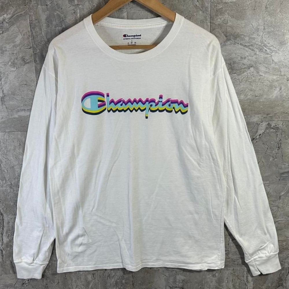 Champion white long sleeve shirt with rainbow logo Size L Woman's  #champion